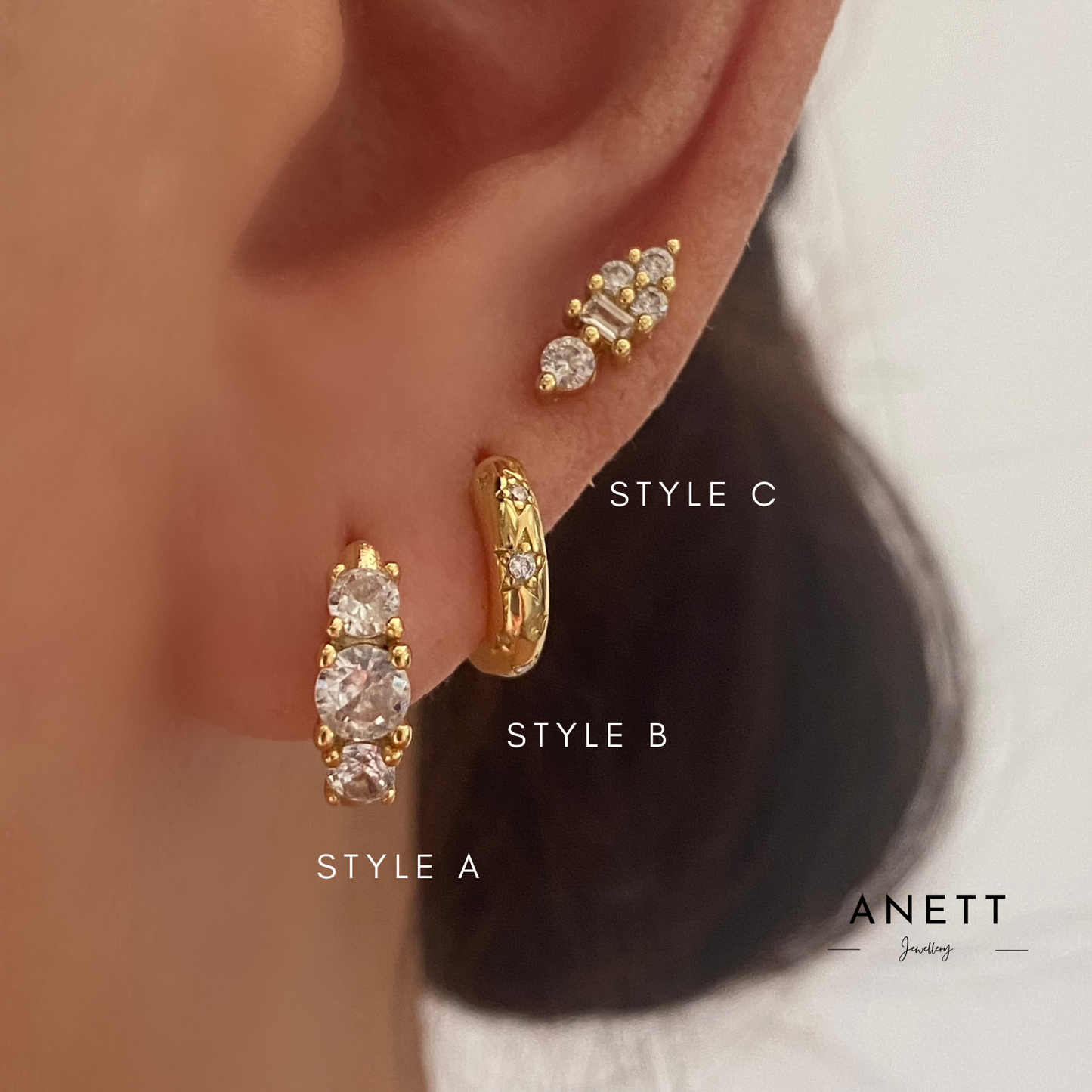 3 Cubic Zircon Gold Huggie Earrings