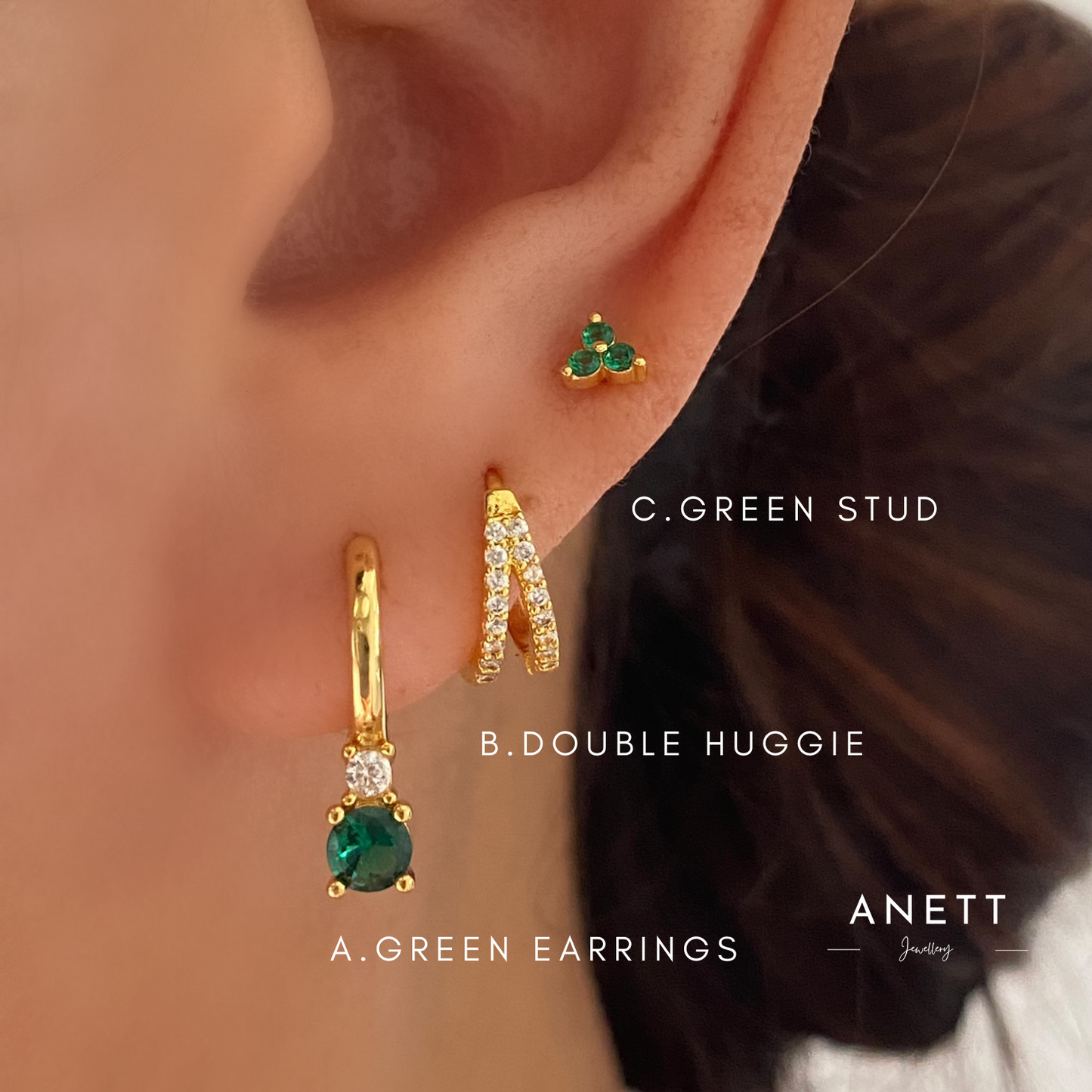 Gold Huggie Hoop Earring- Green