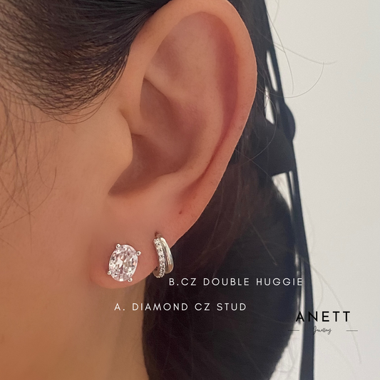 Oval Diamond CZ Stud Silver Earrings