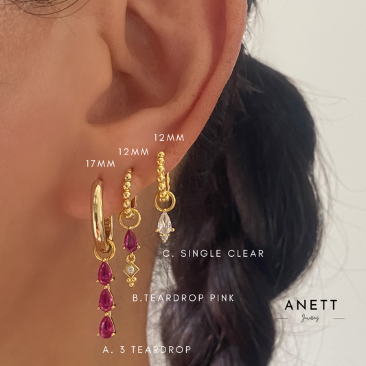 Pink 3 Teardrop Dangle Gold earring Stacks