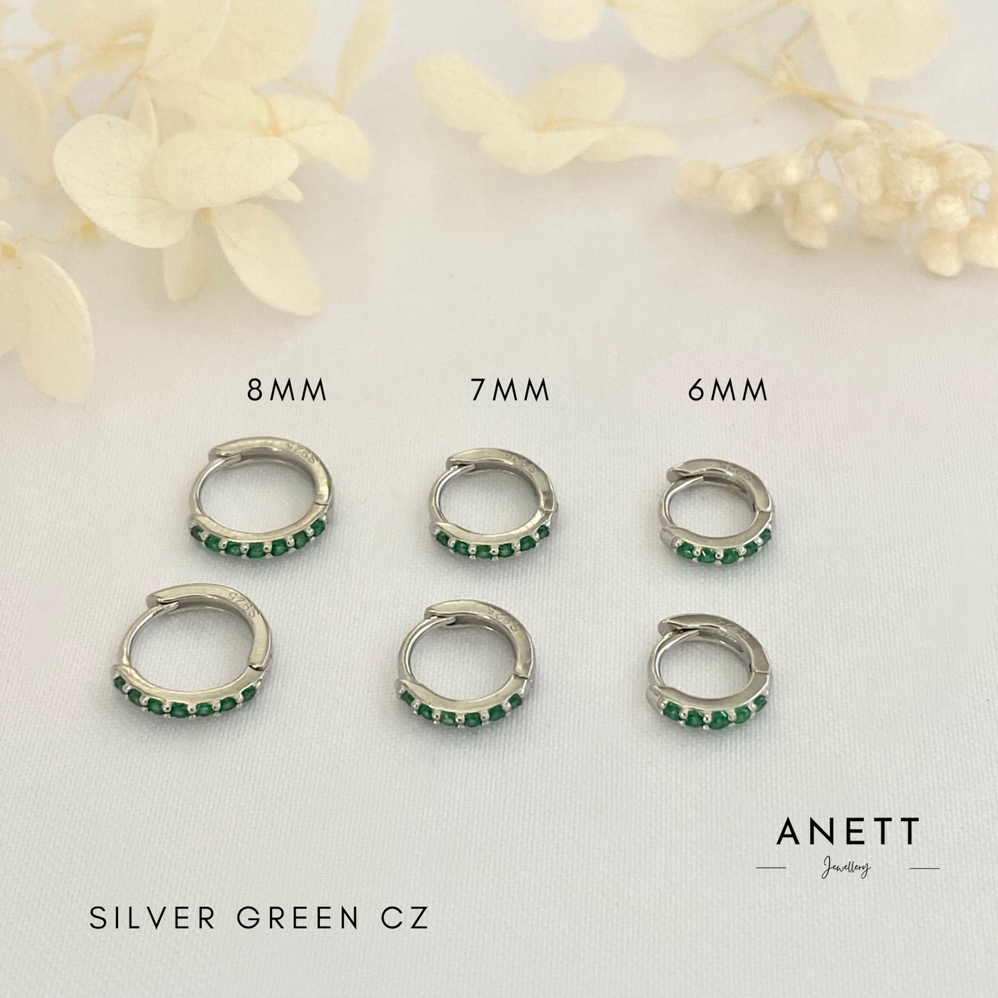 Dainty Silver huggie Hoop Earrings Green CZ