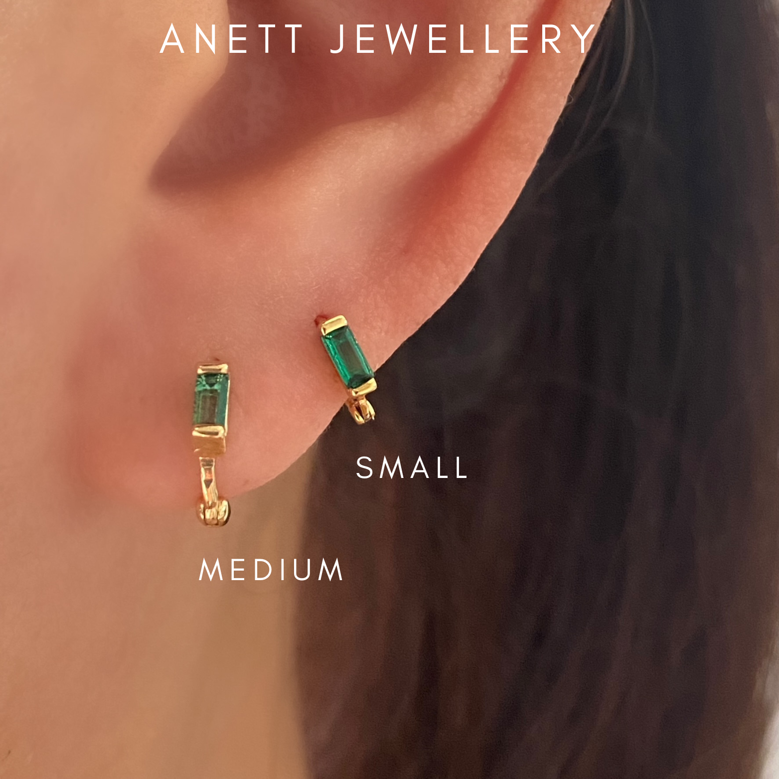 Tiny Emerald Green Baguette Huggie Hoops GOLD