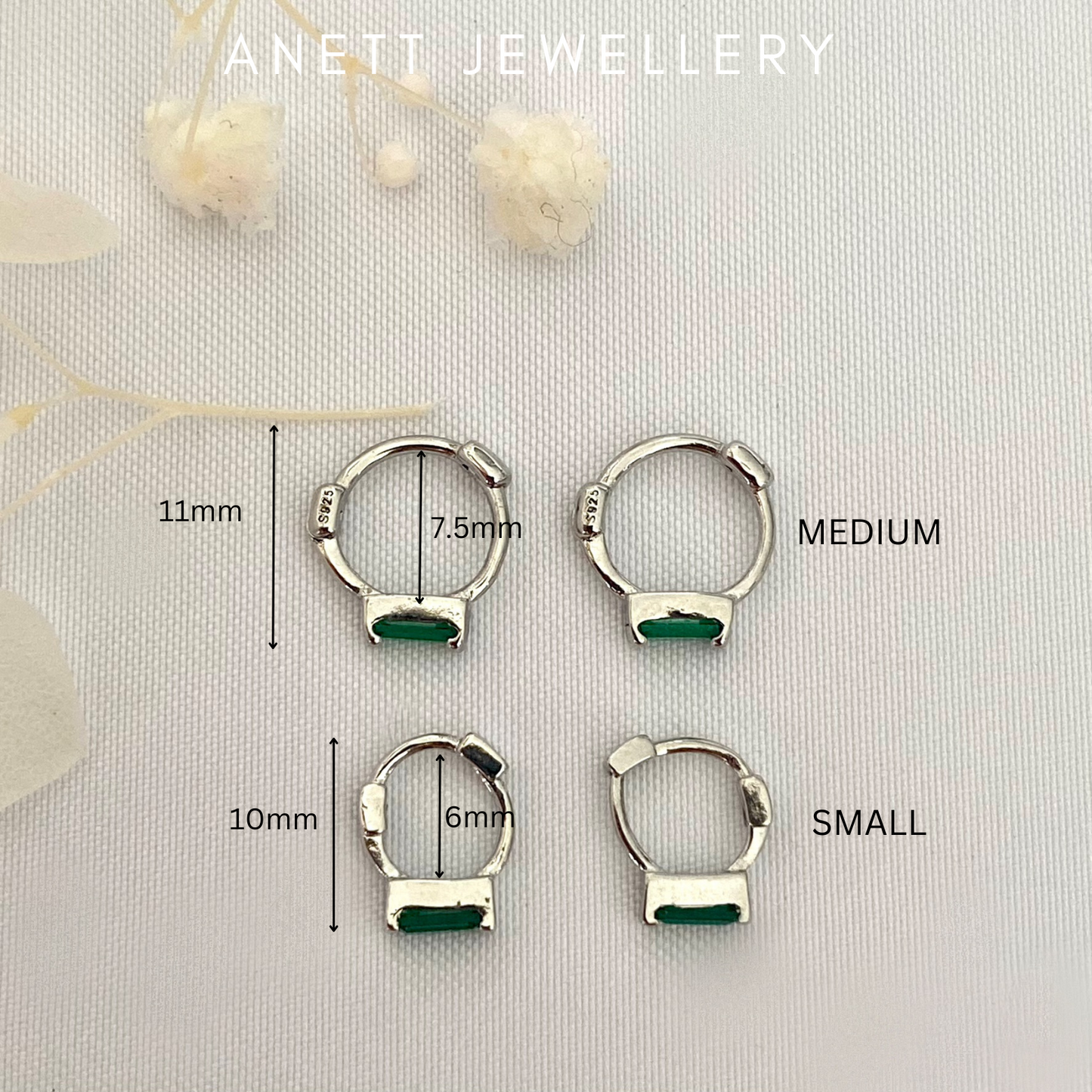 Tiny Emerald Green Silver Hoops