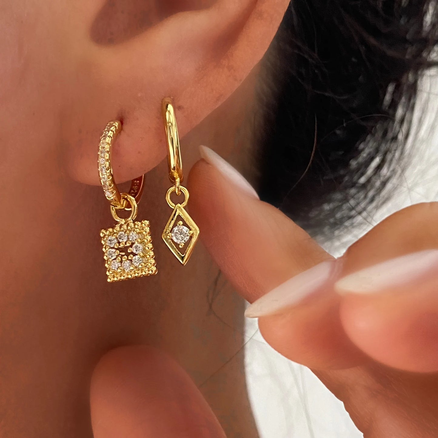 Square CZ Pave Gold Dangle Earrings