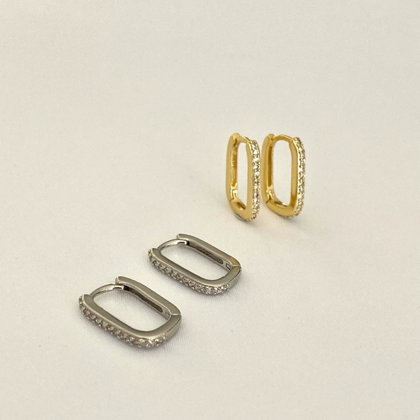 925 Sterling Silver Rectangle Gold Cubic Pave Hoops