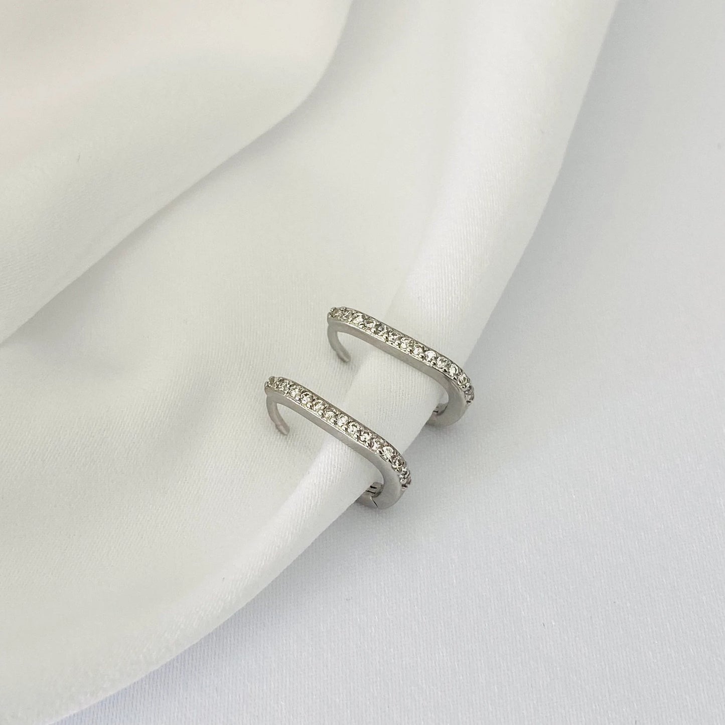 925 Sterling Silver Rectangle Silver Cubic Pave Hoops