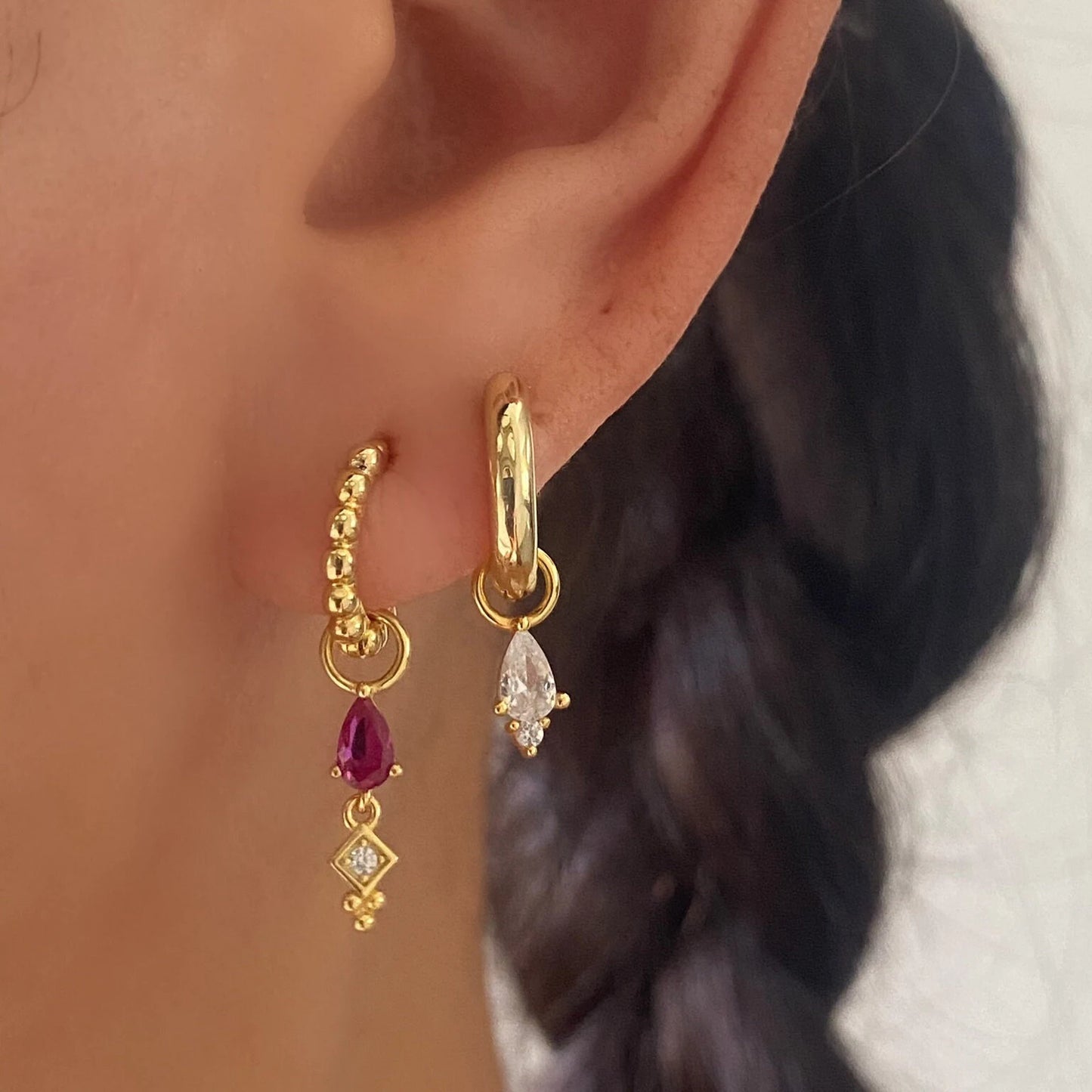Pink Earing Stack Pink 3 Teardrop Dangle Gold earring Stacks – ANETT