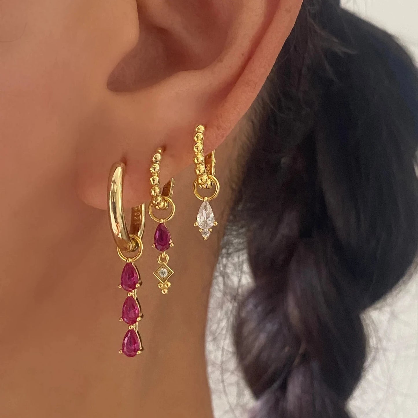 Pink 3 Teardrop Dangle Gold earring Stacks โ ANETT