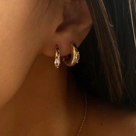 Gold Thick Hoop Earrings with Sparkle Crystal