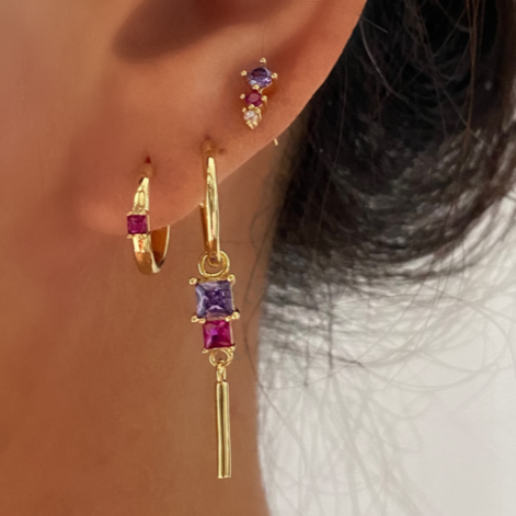 Pink Purple Dangly Hoop Stud Ear Stack 3 pieces Set 925 Sterling Silver Gold