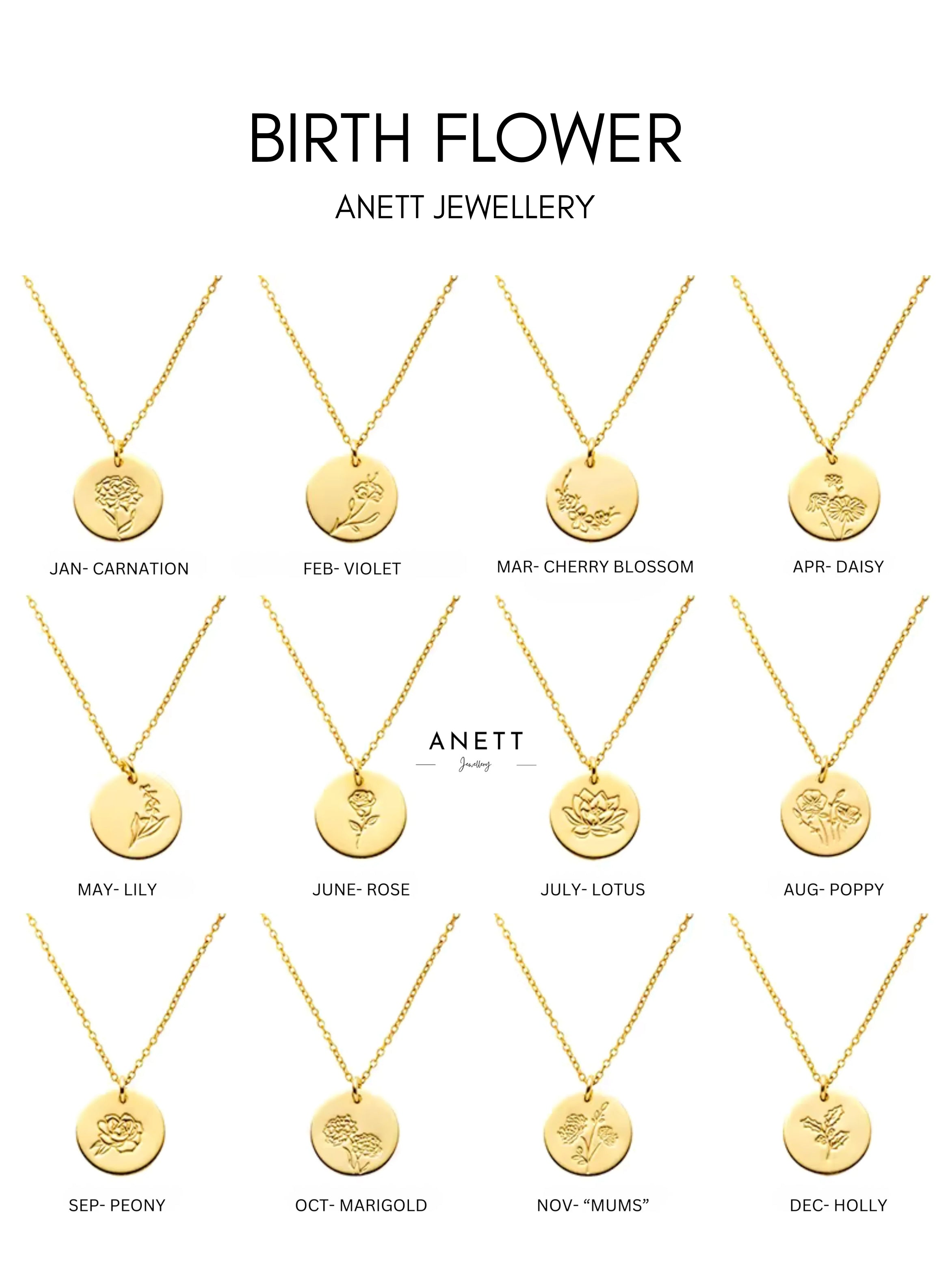 Birth Flower Pendant Gold Necklace - Stainless Steel