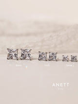 Princess cut CZ stud earrings in 9mm, 7mm, and 5mm, set in sterling silver