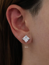 Princess cut CZ stud earrings in 9mm, 7mm, and 5mm, set in sterling silver