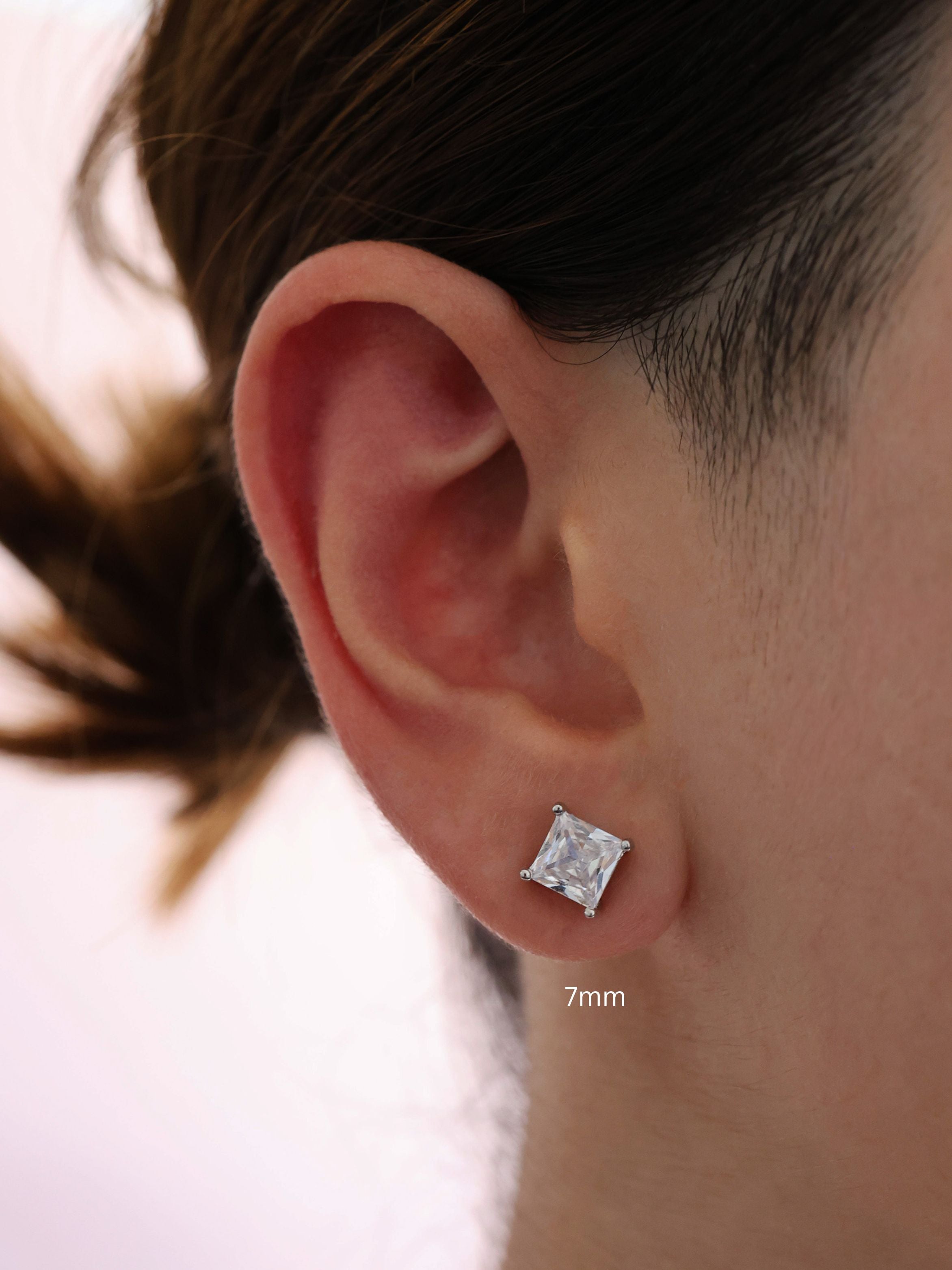 Princess cut CZ stud earrings in 9mm, 7mm, and 5mm, set in sterling silver