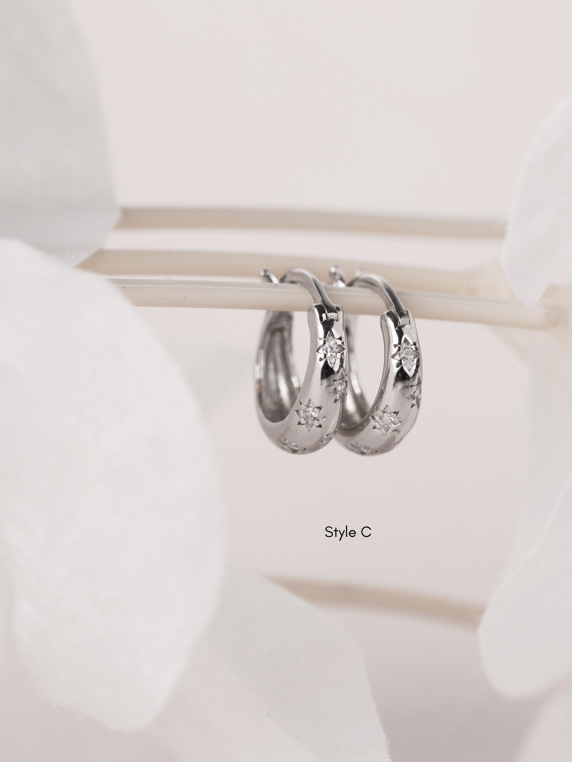 Chelsie Inlaid Star Silver Huggie Hoop Earrings- Sterling Silver