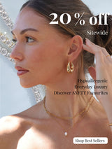 Hypoallergenic gold earrings and layered necklaces with a pearl pendant showcased in ANETT’s everyday luxury sale.
