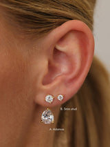 Gold Adamas ear jacket labelled A and the 3mm stud labelled B, shown worn on an ear.