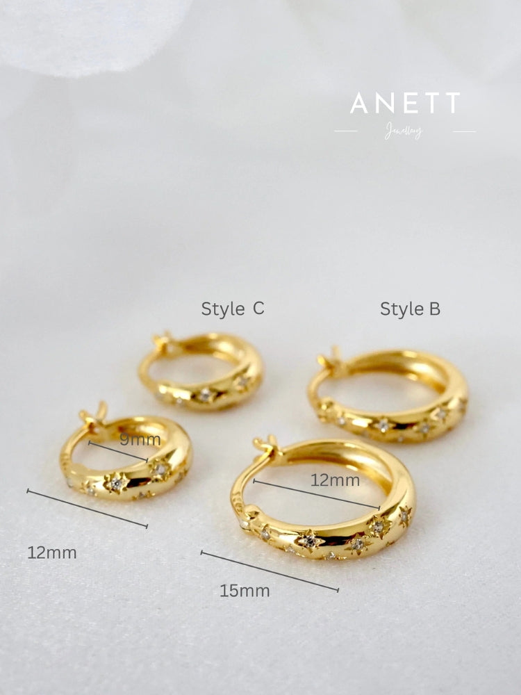 Four gold hoop earrings shown on a light gray background with overlaid size labels and style names Style A, Style B, and Style C. The hoops are shown in different sizes with measurement lines and text indicating 12mm, 15mm, and 9mm dimensions.